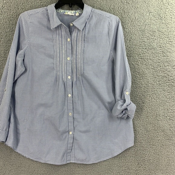 J. Jill Uncommon Threads Button Up Shirt Womens Top L Embroidered Check Roll Tab - Picture 7 of 10
